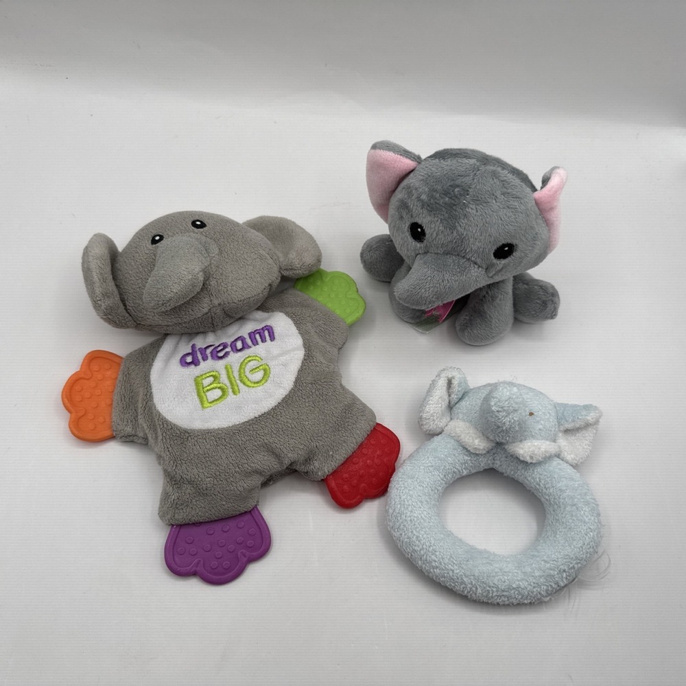 Lot of 3 Cribmates Elephant Doll Baby Teether Crinkle Toy Rattle Plush‎ Animal